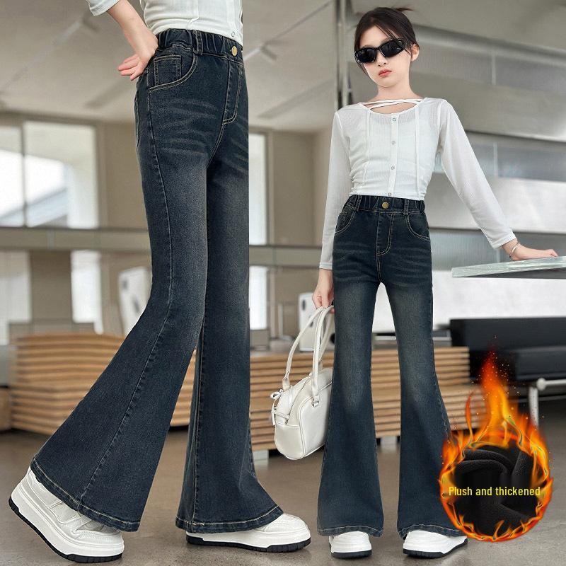 Girls' 2024 Korean Style Elastic Slim Fit Denim Flare Pants for Spring/Autumn