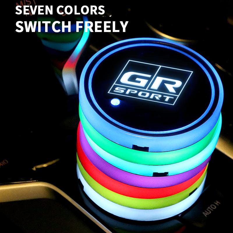 2Pcs Led Luminous Car Coasters with 7 Colors Changing Light for Toyota GR GAZOO RACING Rav4 Yaris Hilux Corolla Prius Auris FP1