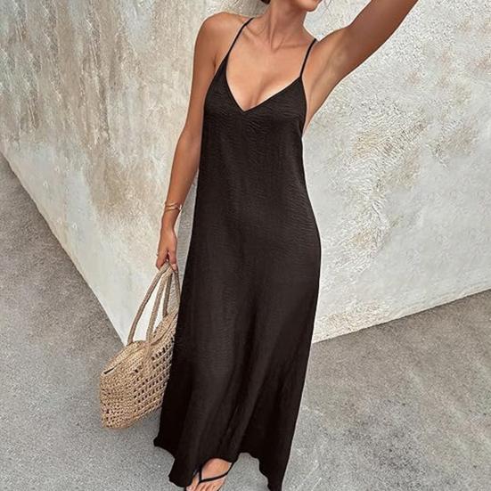 Abito Sexy da Donna Senza Schiena Scollo a V con Laccetto Senza Maniche Maxi Abito Estivo da Spiaggia Abito Lungo Ampio