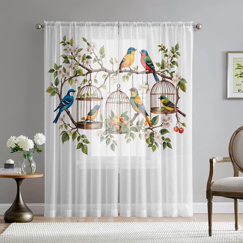 2 Pieces HD Digital Seven Color Bird Flower Figure Printed Window Valance Home Decorating Style Decorative Living Room Bedroom R