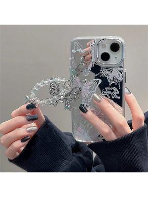 Full Screen Butterfly Mirror Phone Case with Bracelet for IPhone15 14 13 12 11 Drop Proof Phone Case Fully Covered Soft Case