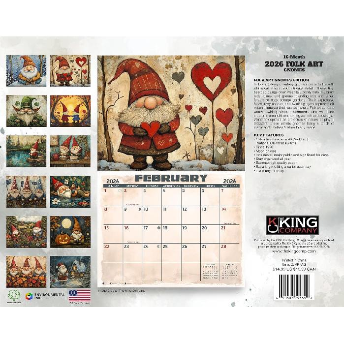 2026 Folk Art Gnomes Wall Calendar 16-Month X-Large Size 14x22, Garden Gnomes Calendar by The KING Company-Monster Calendars