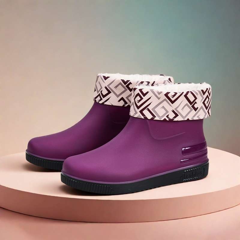 Fashion rain shoes water shoes women's adult warm waterproof non-slip velvet kitchen short rubber shoes rain boots cover shoes water boots