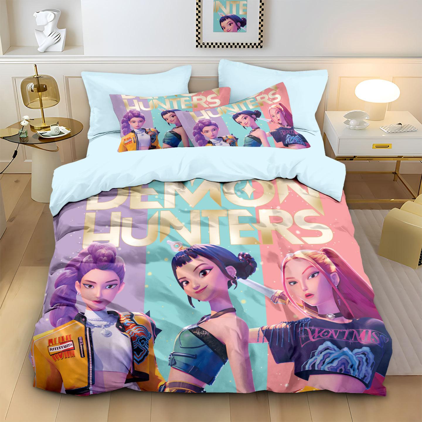 

3Pcs Kpop Demon Hunters Bedding Set Single/Double/Queen Size Bedding Sets Quilt Cover Duvet Cover For Kids Adults K Pop Huntrix AU Single(140x210cm)