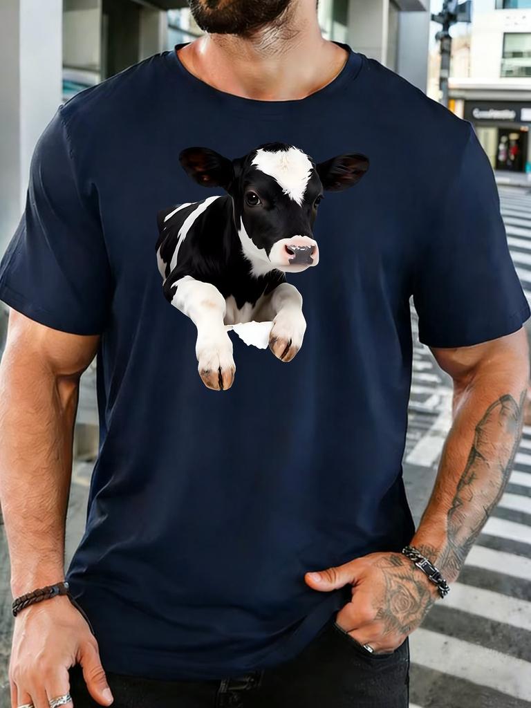 Cute Hole Breaking Holstein Calf Graphic Unisexs Cotton Crew Neck Tee Short Sleeve Loose Farm Casual Daily Street Male Top