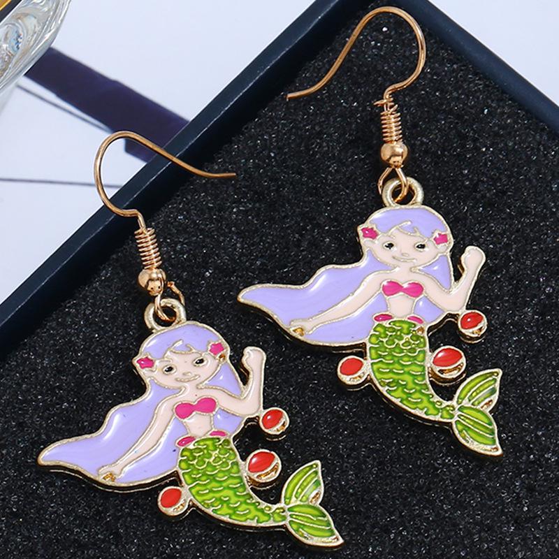 Korean Style Colorful Mermaid Earrings - Cute Drip Oil Animal Design