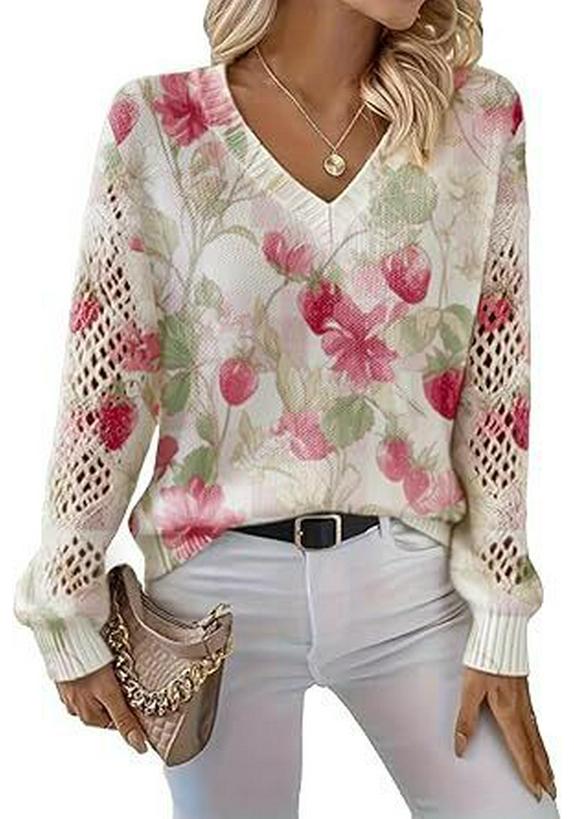 V-Neck Eyelet Print Sweater - Style HS-LY52