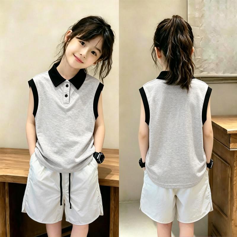 Korean-Style Girls' Color Block Sleeveless Polo Shirt Set - Summer Loose Fit