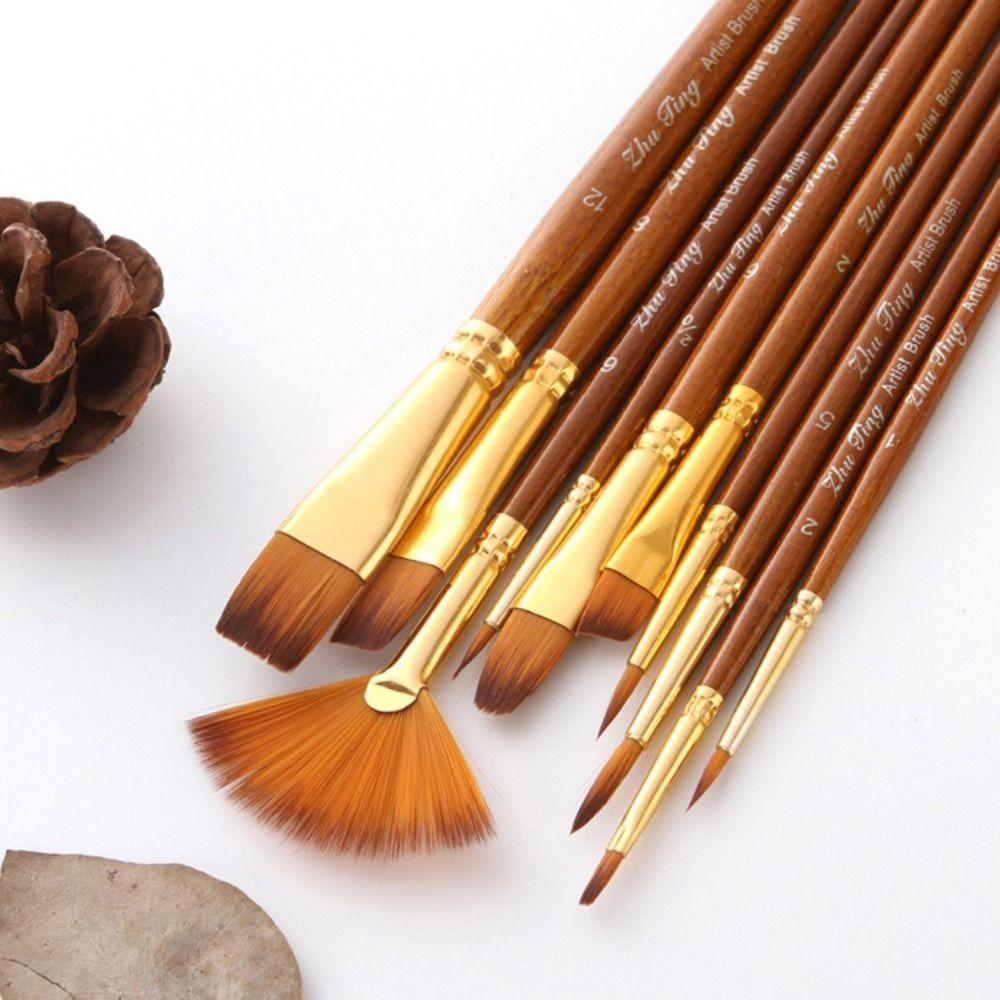 10Pcs/Set Round Flat Angle Artist Paint Brushes Set Wooden Pole Drawing Art Brush  Gift