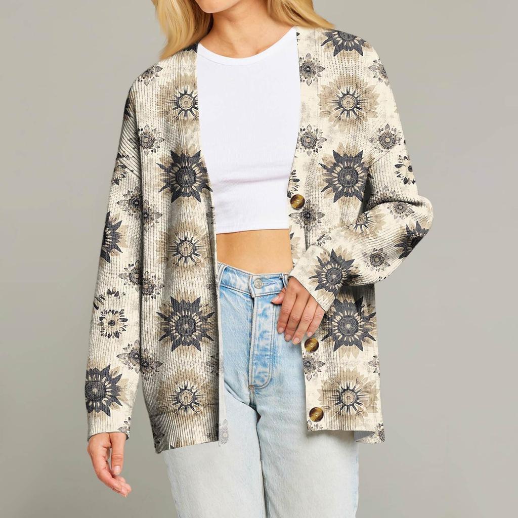 Women's Fashion Long Sleeve Christmas Print V-Neck Button Loose Cardigan Top
