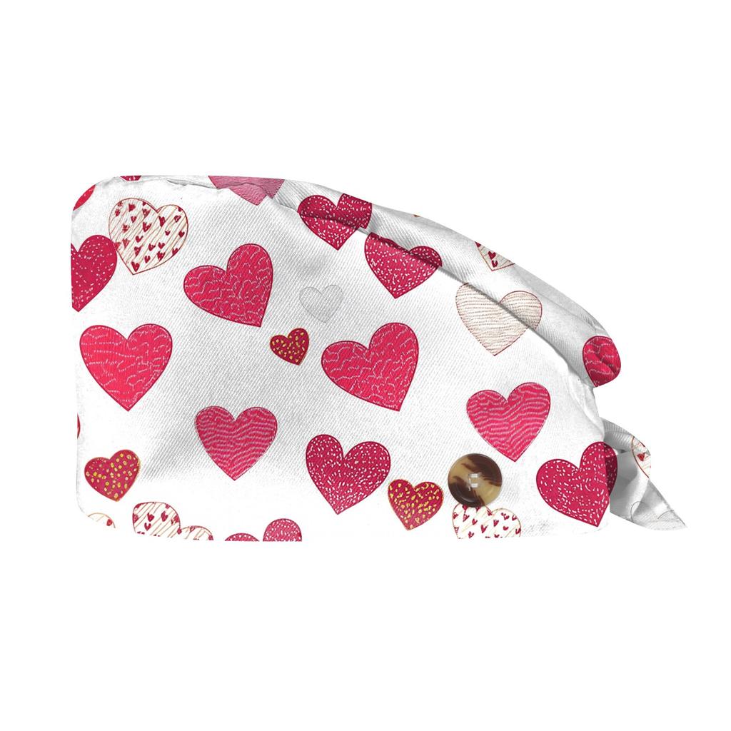 Unisex Scrub Cap mit Herzmuster Arbeitsmütze Verstellbarer Knopf Chirurgische Medizinische Kappe für Krankenschwestern, Köche und medizinisches Fachpersonal