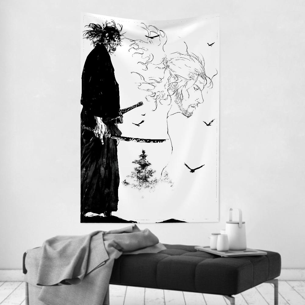 Monochrome Samurai Spirit Tapestry Sketch-Style Warrior Wall Art For Party Backdrop Aesthetic Living Room Decor Anime Tapestry