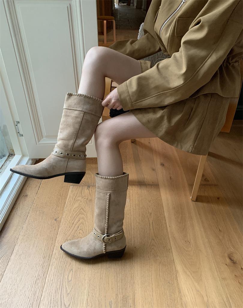 

2025 new retro thick heel western stack boots wide tube medium tube boots pointed belt buckle explosive suede knight boots 39 хаки