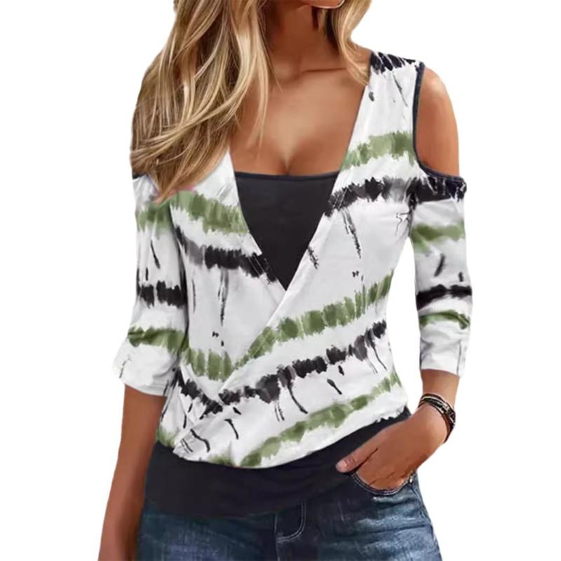 

Women s Striped Printed Off-Shoulder Casual V-Neck Fake Two-piece Long Sleeve T-Shirt Tops women’s XXL зелёный