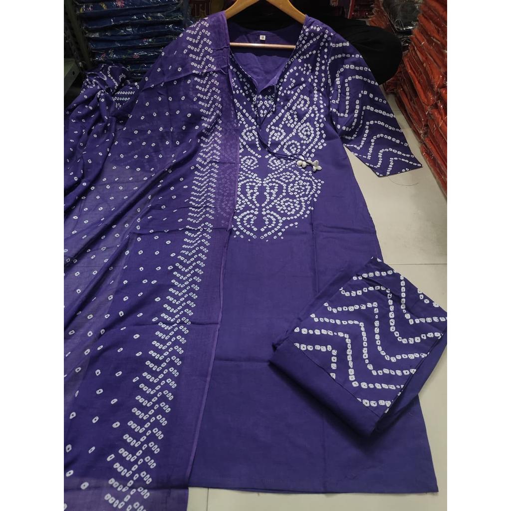 Women Bandhej Printed Kurta Pant Dupatta Set Indian Bollywood Ethnic Kurti Set