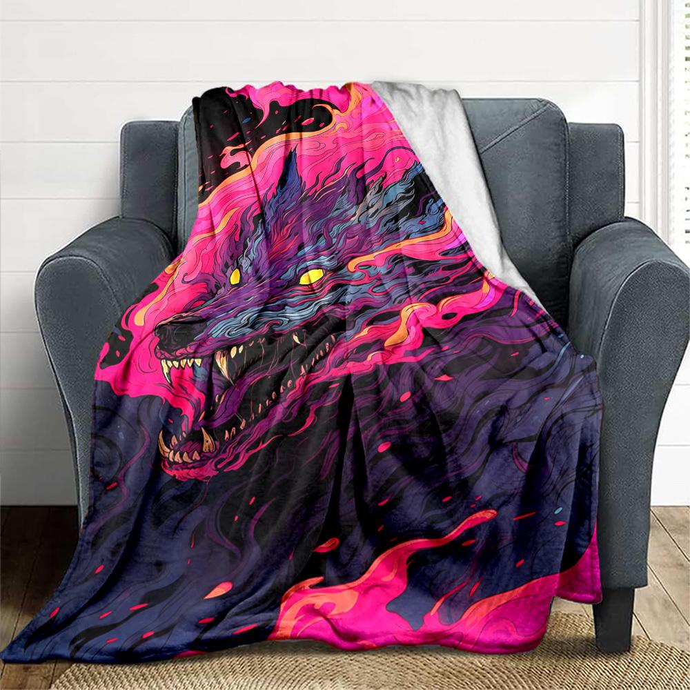 1pc Wolf Flames Blanket, Lightweight Flannel Throw Blanket For Sofa, Bed, Travel, Camping, Living Room, Office, Couch, Chair, And Bed