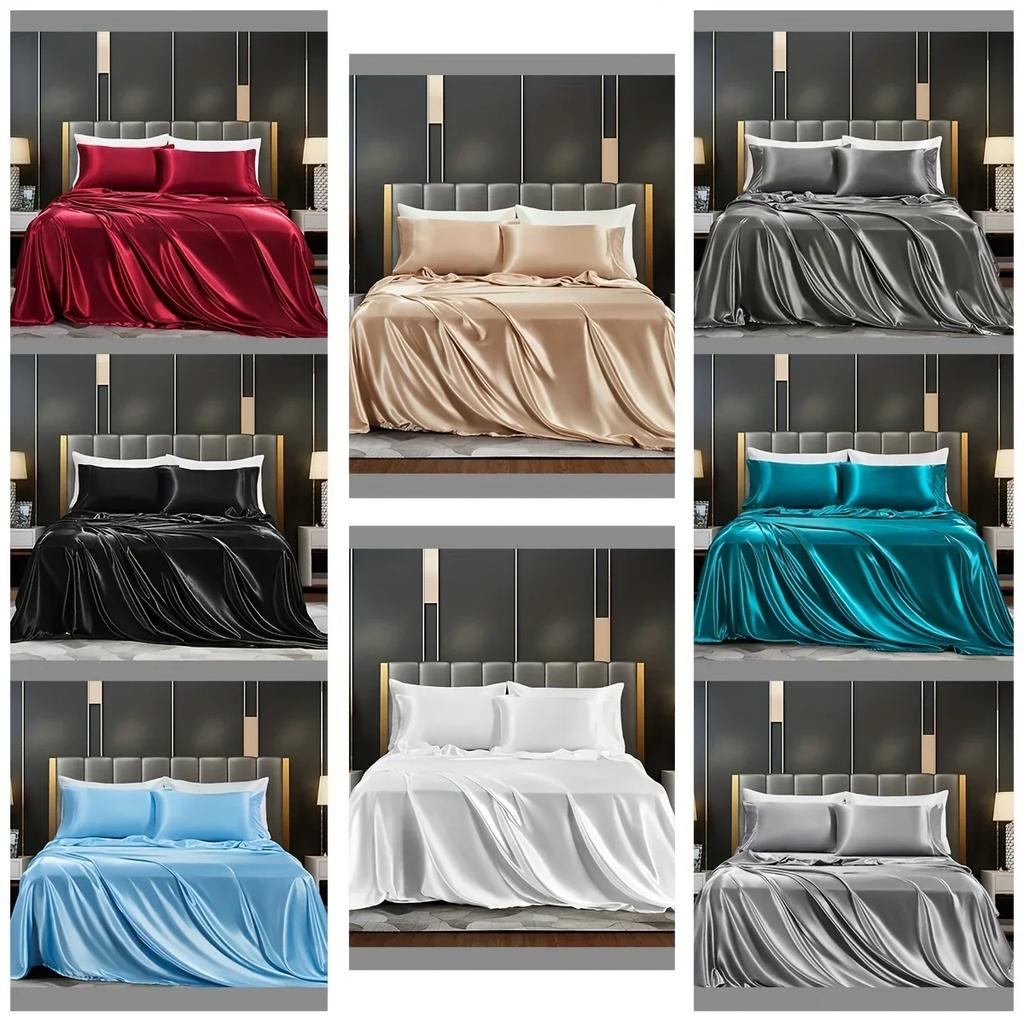 3/4Pcs Luxurious Satin Fitted Sheet Set Soft, Breathable, And Gentle On Skin Includes Flat Sheet, Fitted Sheet,Pillowcases