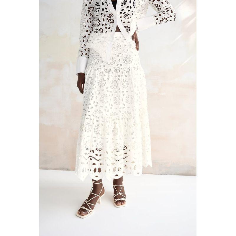 Spring Cut-out White Shirt with Slim Looking High Waist Embroidery