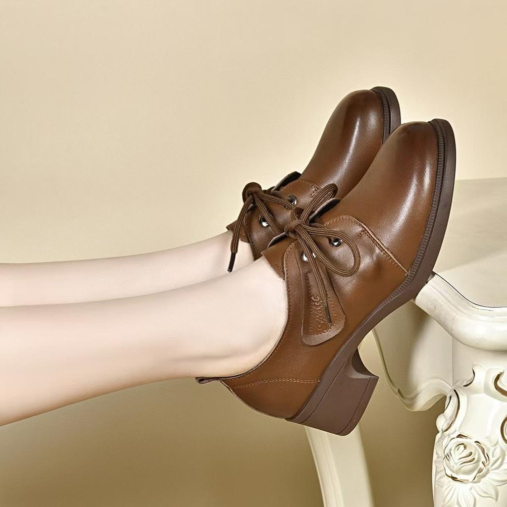 Round head small leather shoes women's autumn new mid-heel lace-up four-season small single shoes casual shoes