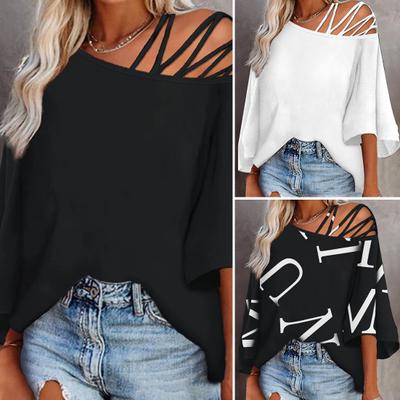 Femmes Top évider une épaule col oblique couleur unie lettre imprimer lâche manches trois quarts mi-longueur doux respirant dame T-shirt