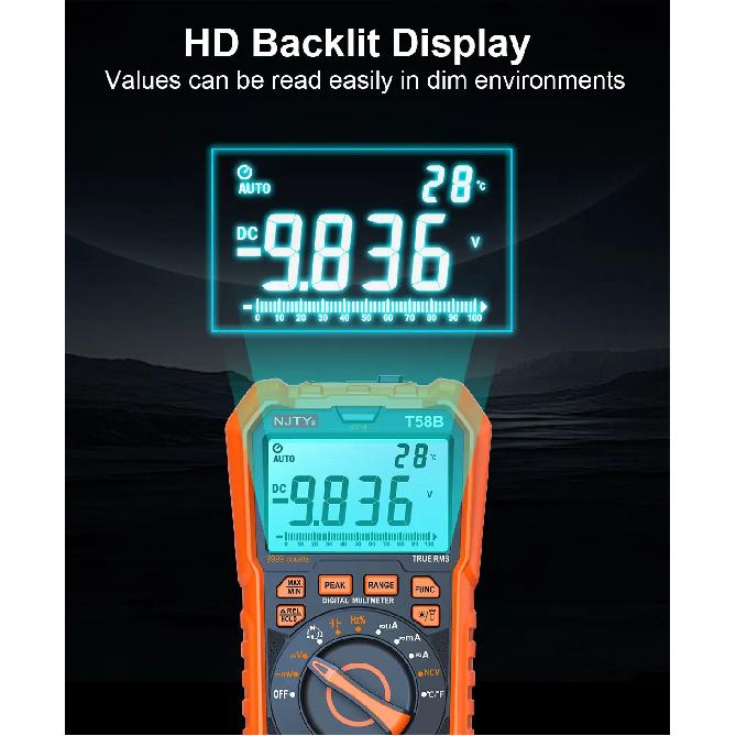 NJTY T58B T58C Inductance Digital Multimeter AUTO Range 9999 Counts Voltage Current Capacitance LED Smart Backlit Large Screen