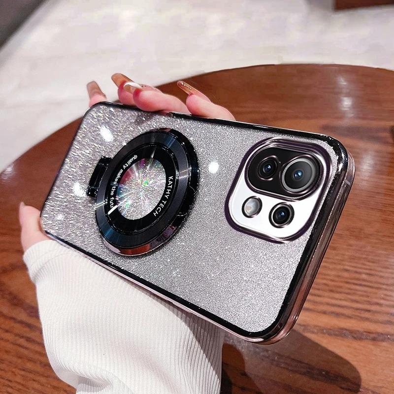 Mi11lite Glitter Plating Holder Silicone Case For Xiaomi Mi 11 Lite 5g Ne 11t 13 13t Mi13t Pro 12 12t 10t 14 Stand Cover Mi14t