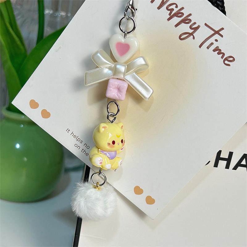Y2K Cartoon Cat Plush Ball Beaded Mobile Phone Chain Cute Sweet Bow Kitten Phone Lanyard Keychain For Girls Camera Pendant