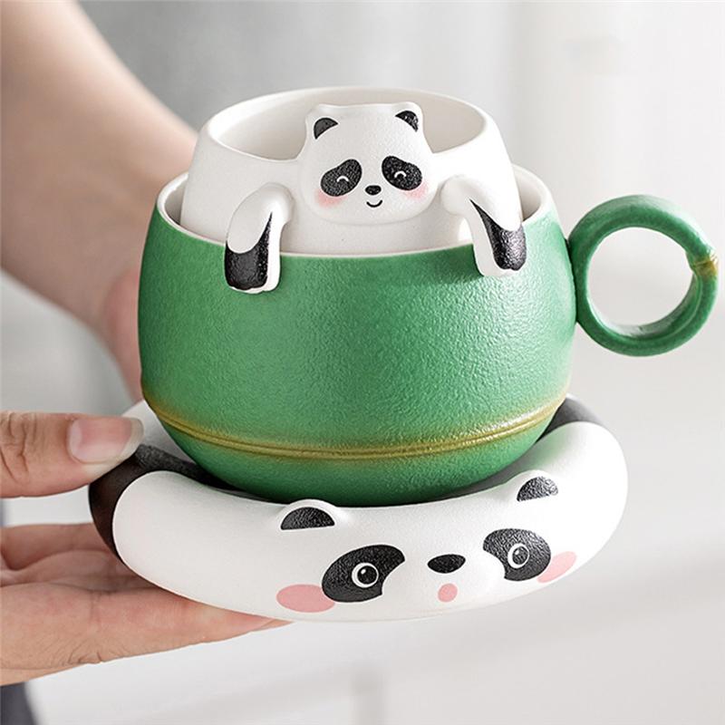 A95I-Bambus Panda Filter Tee Trennbecher Japanische Teetasse mit Sieb Haushalt Teezubereiter Büro Wasserbecher Teeset Geschenk