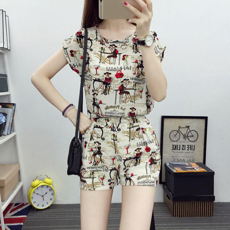 Women Summer Loose Simple Round Neck Cartoon Print Short-sleeved Tops+Shorts Two-Piece