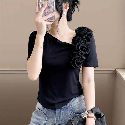 Summer New Women's Cotton T-shirts Short Sleeve Tops Trendy Elegant 3D Flower Designer Tees