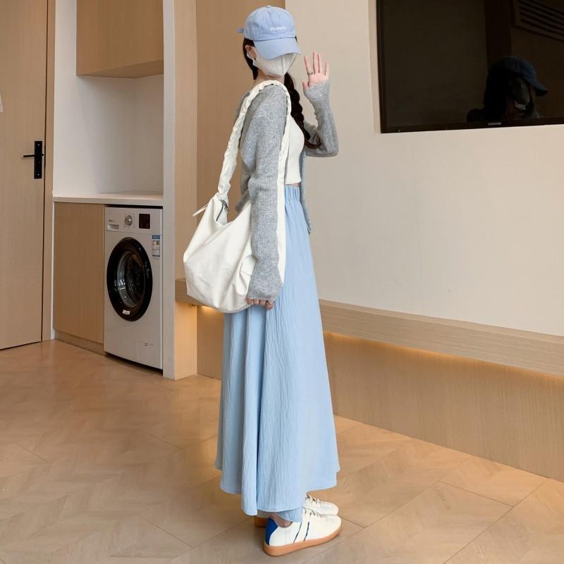 White Culottes Women's Summer Thin Small Scoop Pleated A-shaped Skirt Ice Silk Cotton and Linen Drape Wide-leg Pants