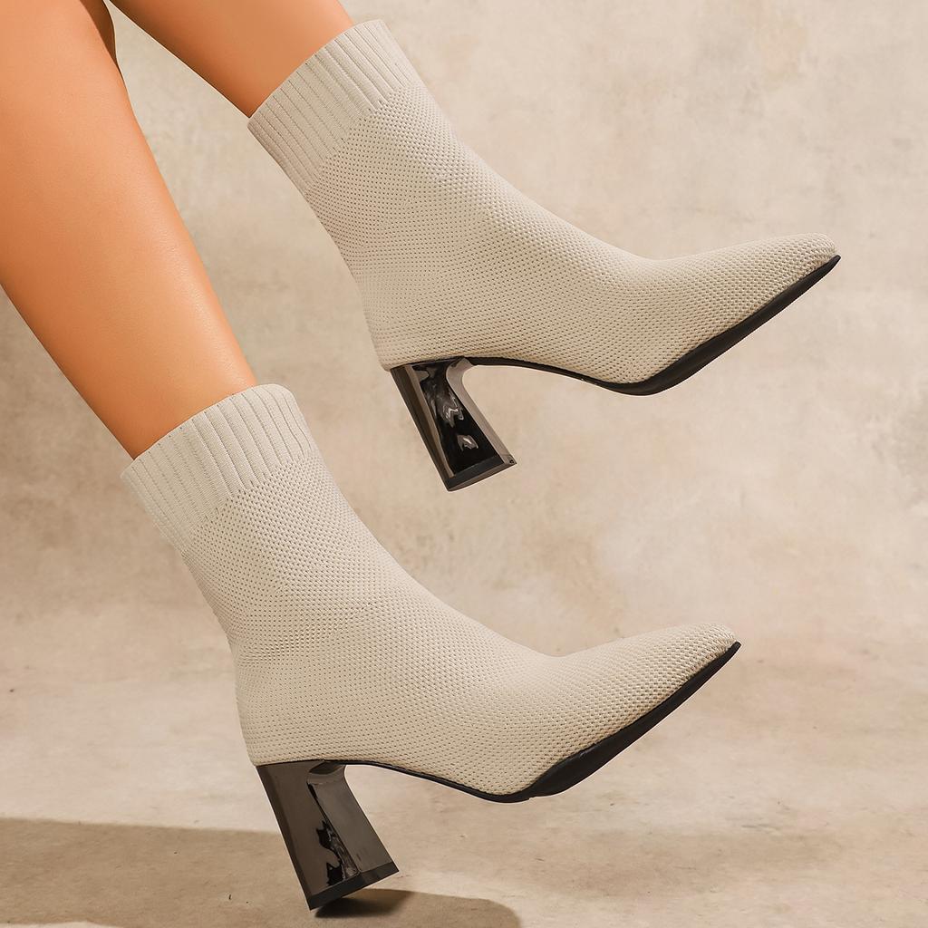 Fashion 2025 New Women Boots Soft Knitted Casual Comfortable Shoes Women Fashion Pointed Ankle Boots Women Outdoor High Heels Shoes
