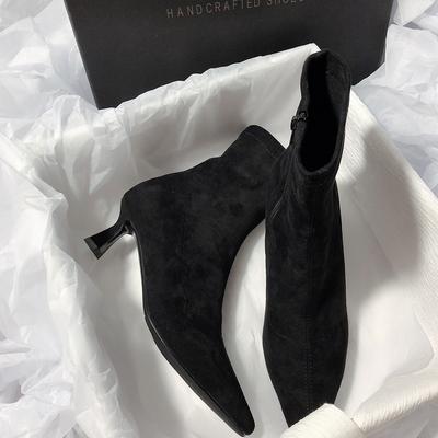 Winter Explosion~ Elastic Thin Boots French Suede Thin Heel Socks Boots Pointed Boots Ins Wind Korean Version Short Boots