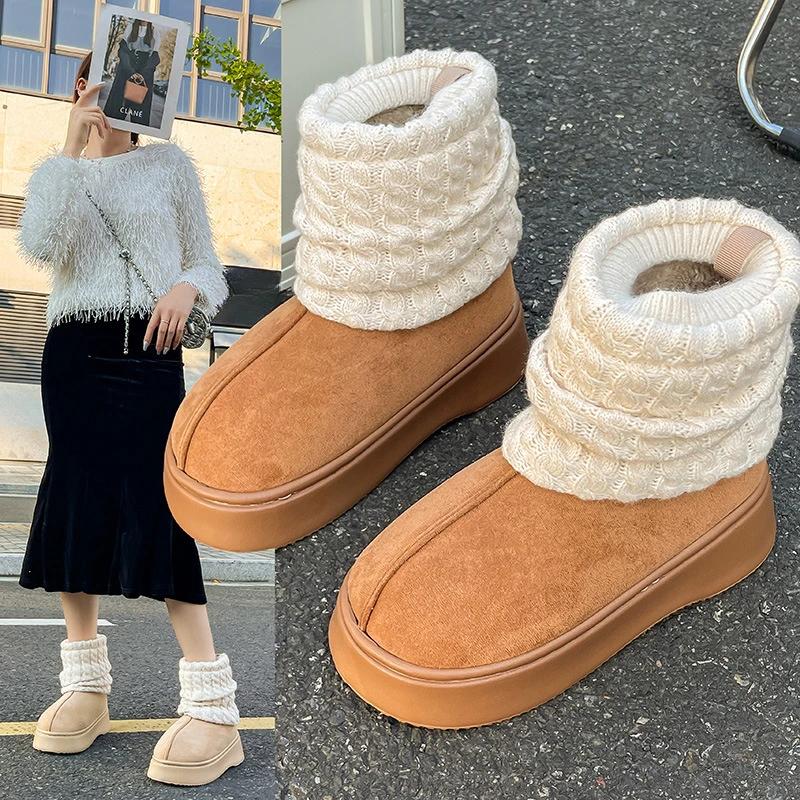 2024 Winter New Knitted Socks Snow Boots Fashion Thick Soles Warm and Velvet Non-slip Wearing Cotton Shoes Women