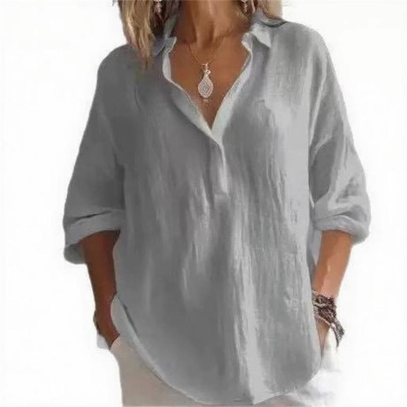 European And American Spring And Summer New Solid Color Casual Loose Large Size V-neck Long-sleeved Blouse Shirt