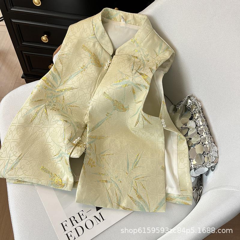 Jacquard bronzing bamboo leaf flower retro style vest 2025 new stand-up collar disc buckle jacquard vest