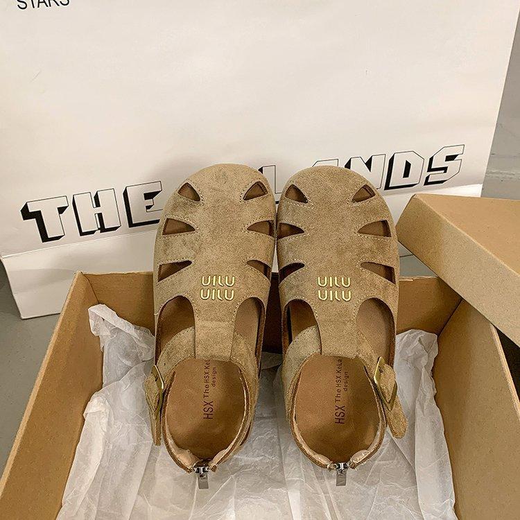 

Версия из мягкой кожи~ Босоножки с закрытым носком женские 2025 лето новые римские женские туфли корейские универсальные полые пляжные туфли-клетка для свиньи 40 хаки