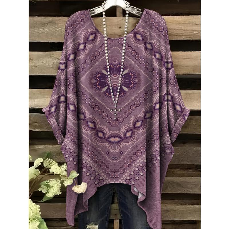 

Ethnic pattern all-over printed versatile and fashionable round neck loose T-shirt S