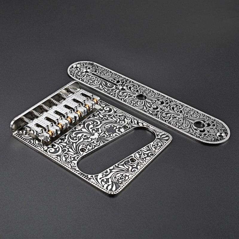 Vintage Carved Pattern Guitar Roller 6-Saddle Bridge and 3-Way Switch Control Plate Set for 6 String Electric Guitars