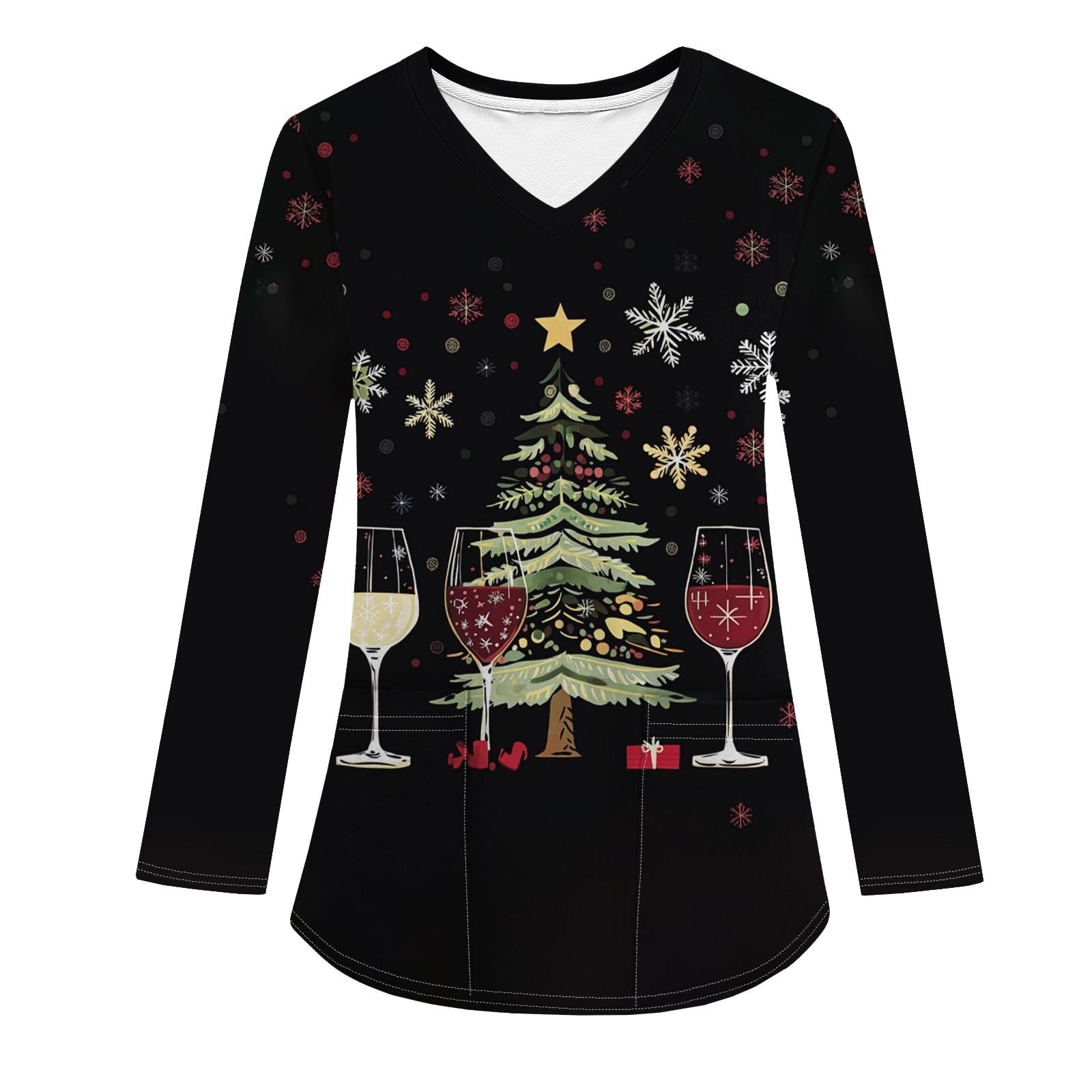 

Женская модная рабочая одежда с V-образным вырезом, длинным рукавом и карманом, рождественский принт, футболка, топ M чёрный