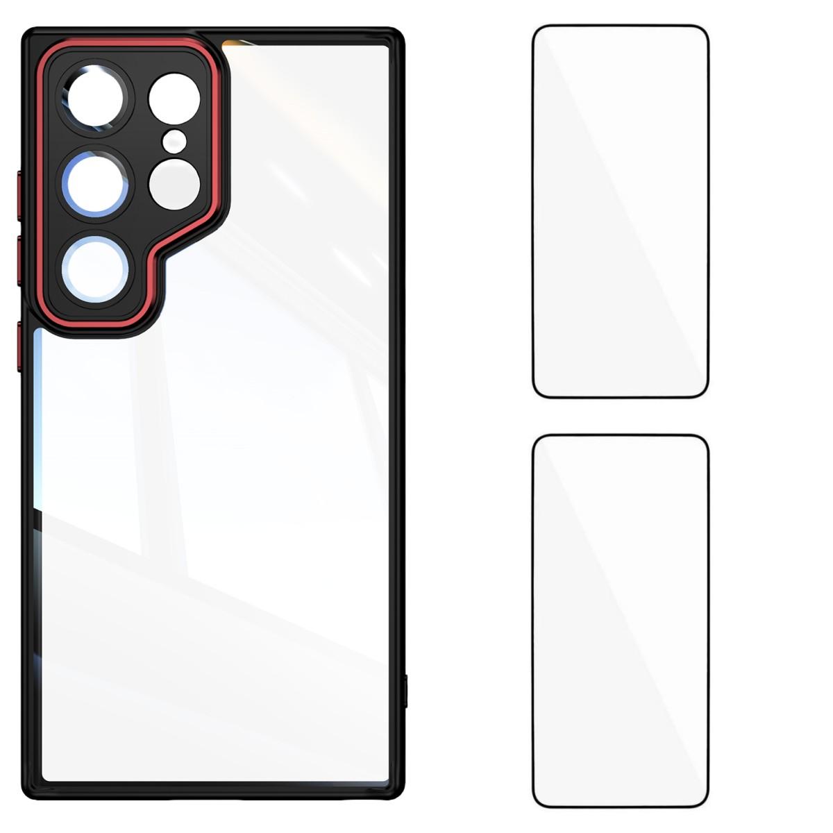 

For Samsung Galaxy S25 Ultra TPU Case WANLONFENG Drop-proof Clear Phone Cover with 2Pcs Tempered Glass Film Black Red