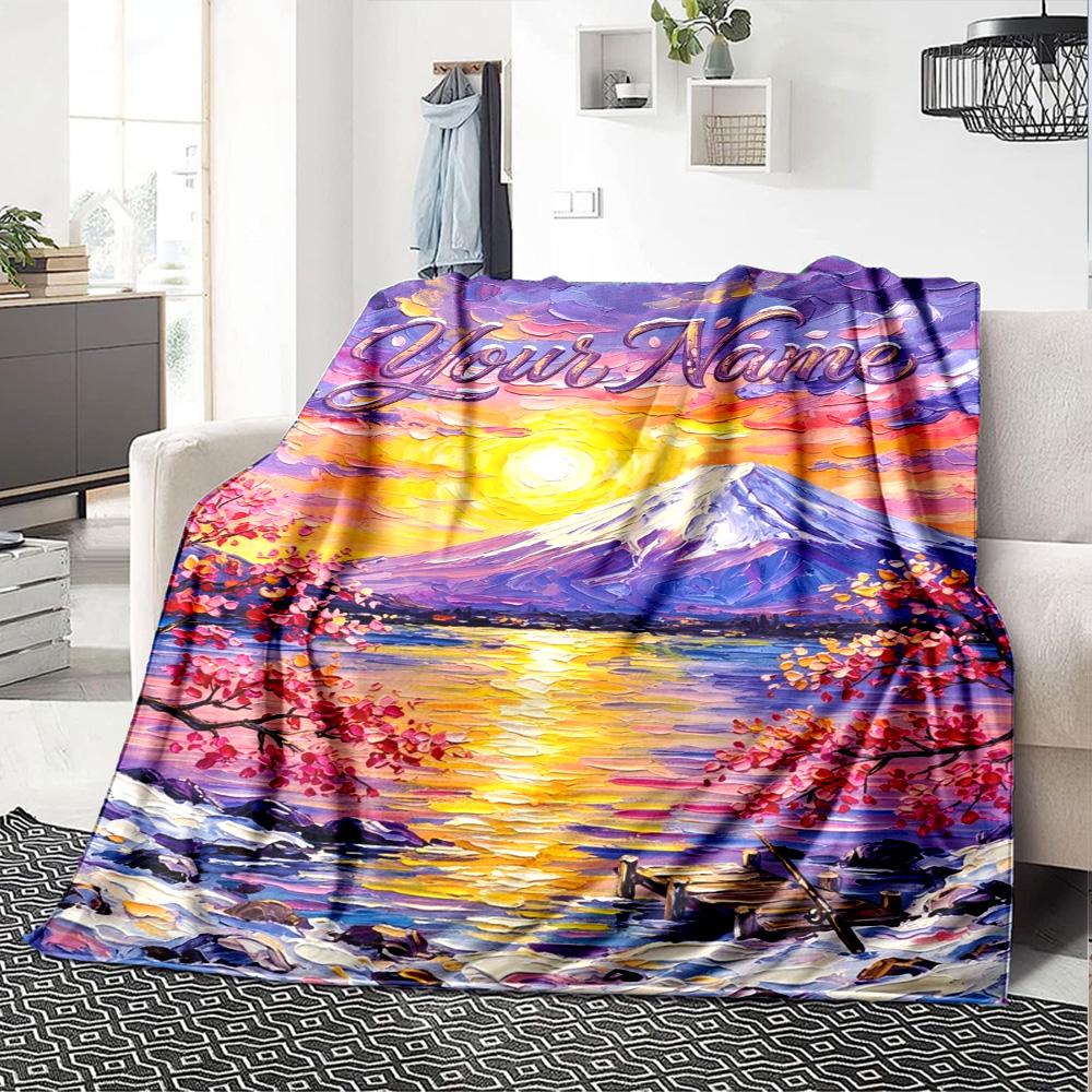 Name Custom Mount Fuji Cherry Blossoms Print Flannel Blanket High Quality Warm Comfortable Cover for All Seasons Perfect for Gifts Home Decor