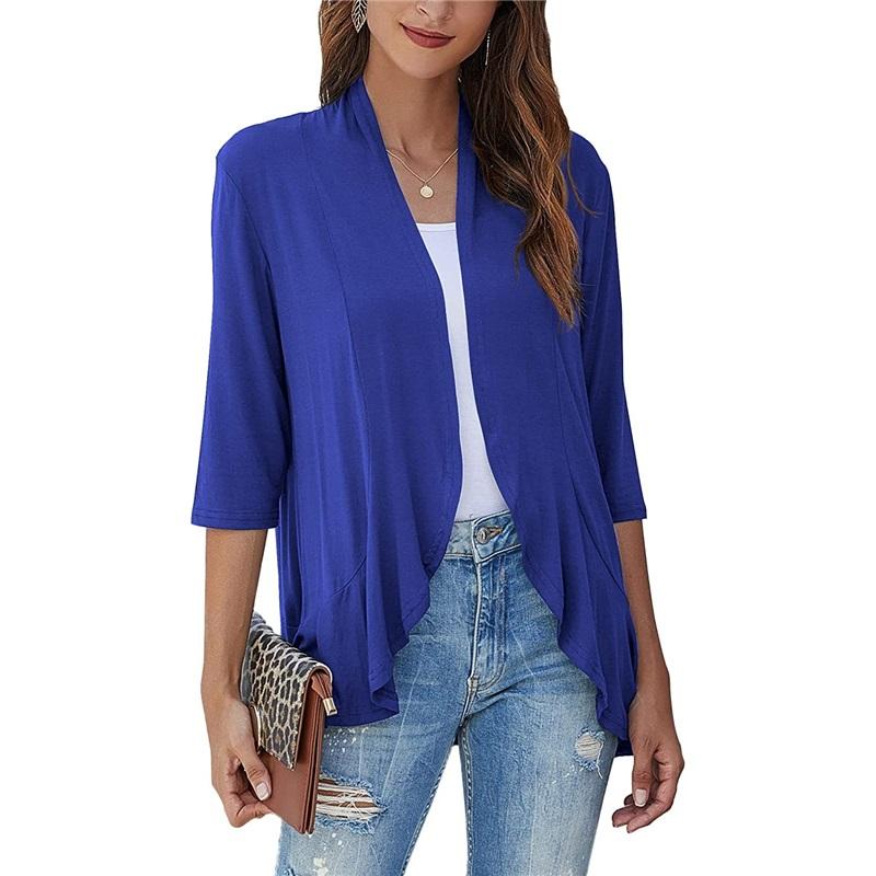 Europäische und Amerikanische Sommer Damen Oberteile, Neue einfarbige Strickjacken, Dreiviertelärmel, Rüschen, Lässiger Minimalistischer Stil