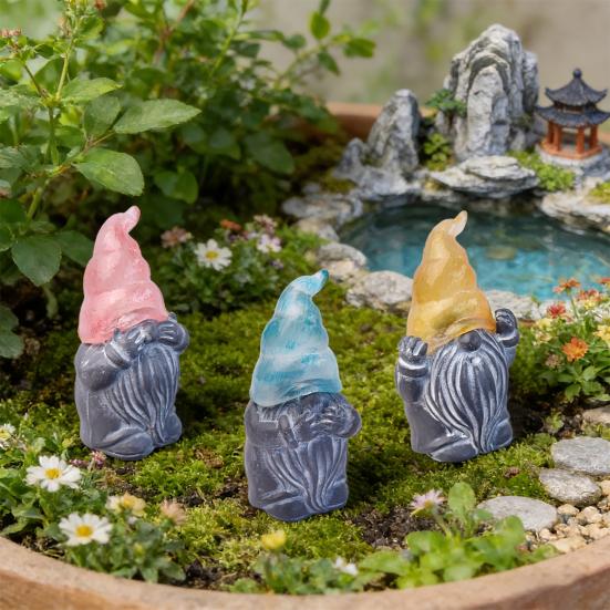 3 Pcs Gnome Garden Stakes, Resin Miniature Hear See Speak No Evil Gnome Figurine for Fairy Garden, Flower Pot, Balcony, Yard, Outdoor Lawn Decor