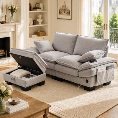 Modular 2-Seater Corduroy Sofa (with Ottoman) – Wide Seat, Ergonomic Design, High-density Foam Padding, USB-C Port and Side Pockets. Light Gray