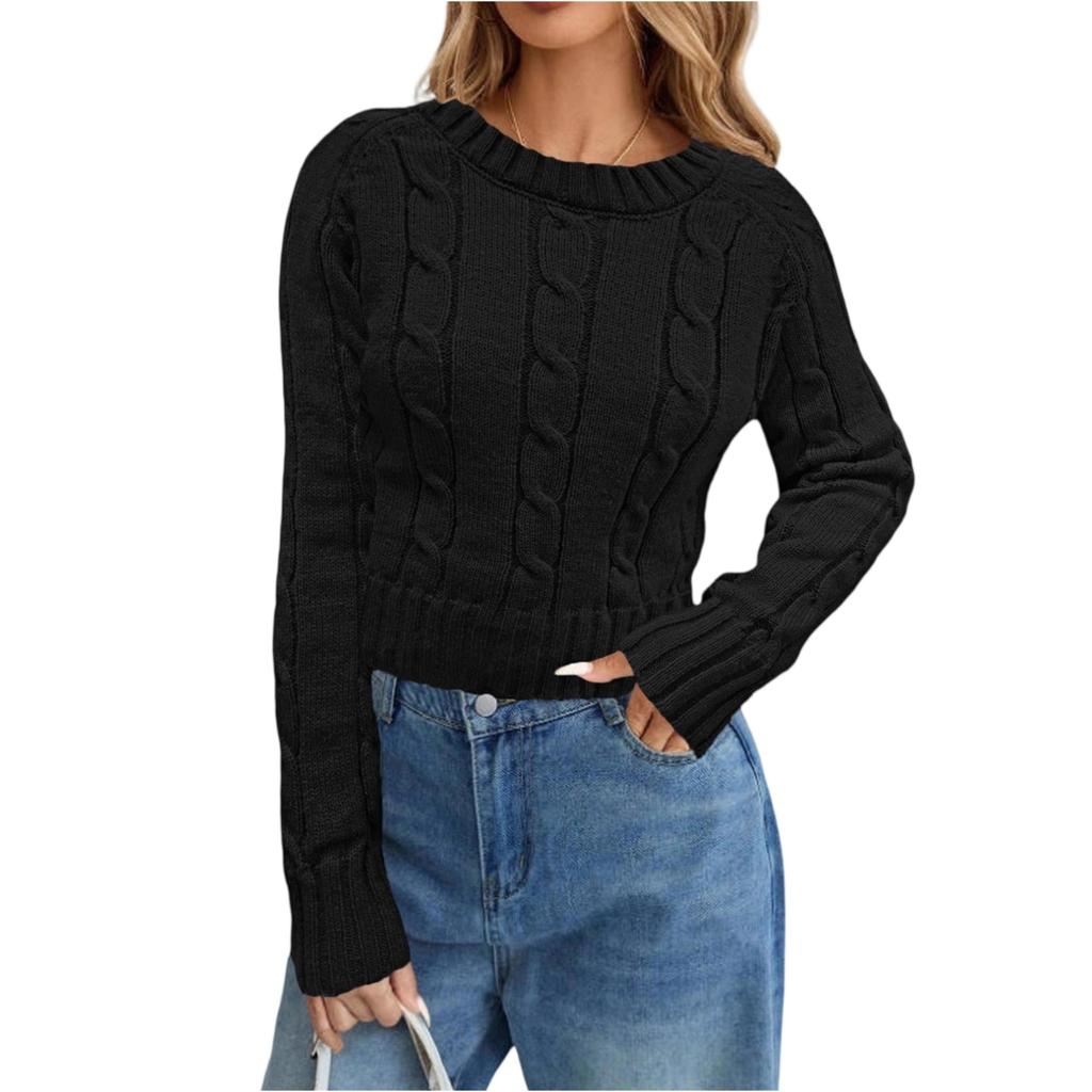 Women's Fashion Solid Color Round Neck Knitted Pullover Long Sleeve Sweater