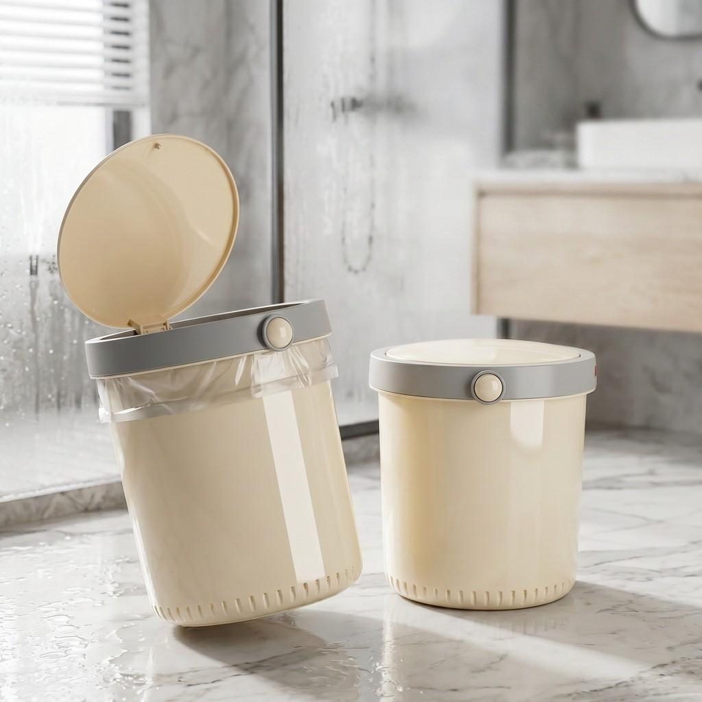 Beige Plastic Trash Can with Lid Push Button Round Wastebasket Odor-Proof Bathroom Kitchen Garbage Bin Desk Bedroom Dustbin