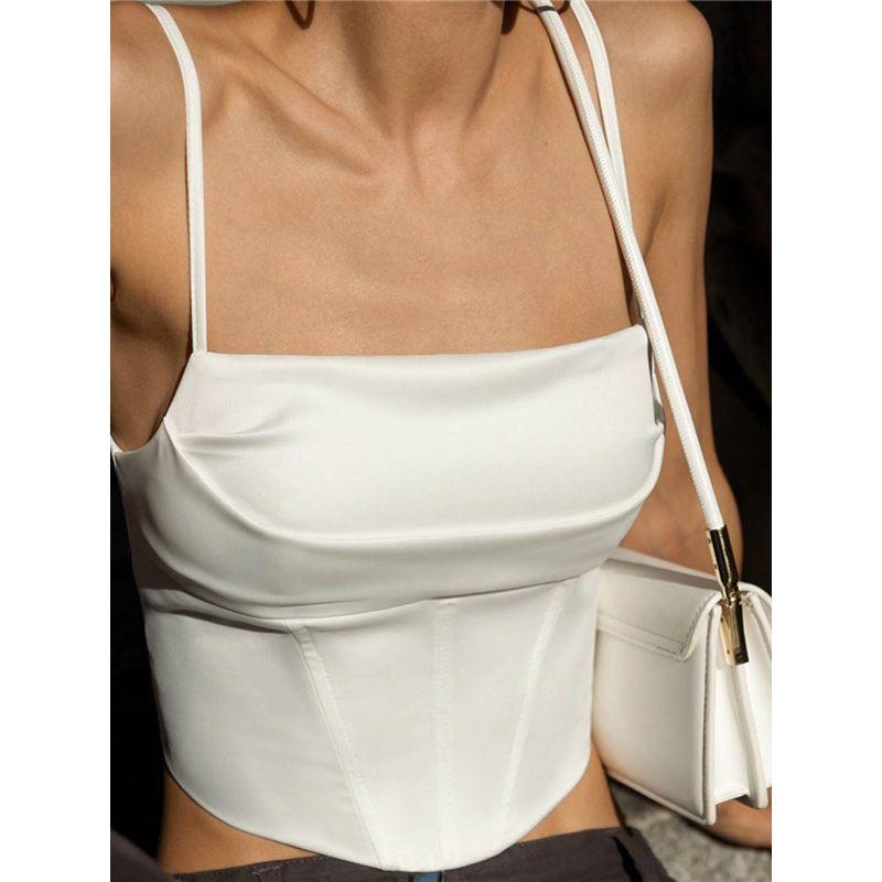Women Clothes Fashion Gyaru Satin Fishbone Lace-up Navel Sling Base Vest Draping Cutting/three-dimensional Cutting Sexy Slimming Vest