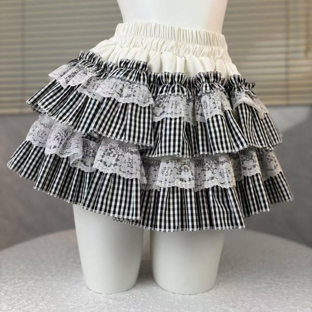 Japanese Style Sweet A Line Skirt Women Lolita Kawaii Cute Y2K High Waist Lace Ruffle Skirt Girl Simple Daily