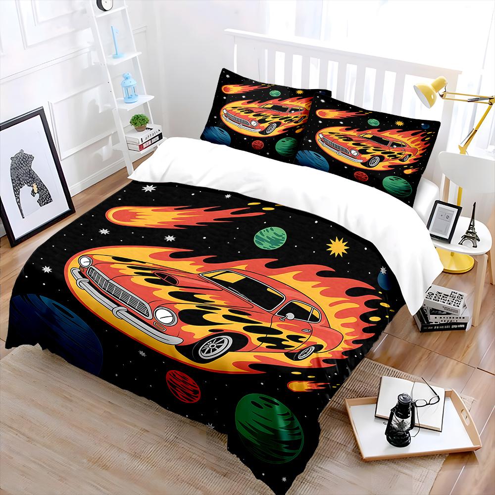 Flaming car racing through space Bedding Set for Kids Luxury Gift 3pcs Digital Print Comforter Set Soft Comfortable Breathable